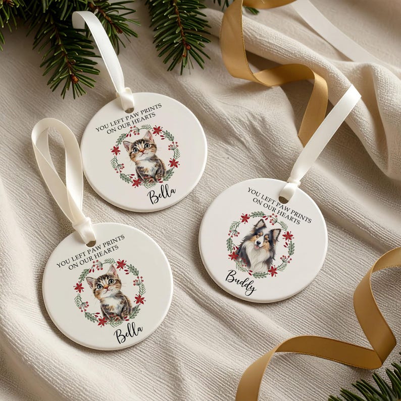 Personalized Dog Photo Memorial Ornament, Custom Pet Potrait Ornament, Ceramic Keepsake Pet Paw Print, Dog Loss Gift, Cat Lover Remembrance