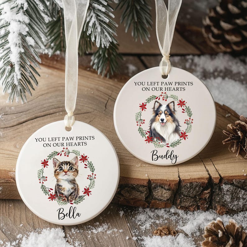Personalized Dog Photo Memorial Ornament, Custom Pet Potrait Ornament, Ceramic Keepsake Pet Paw Print, Dog Loss Gift, Cat Lover Remembrance