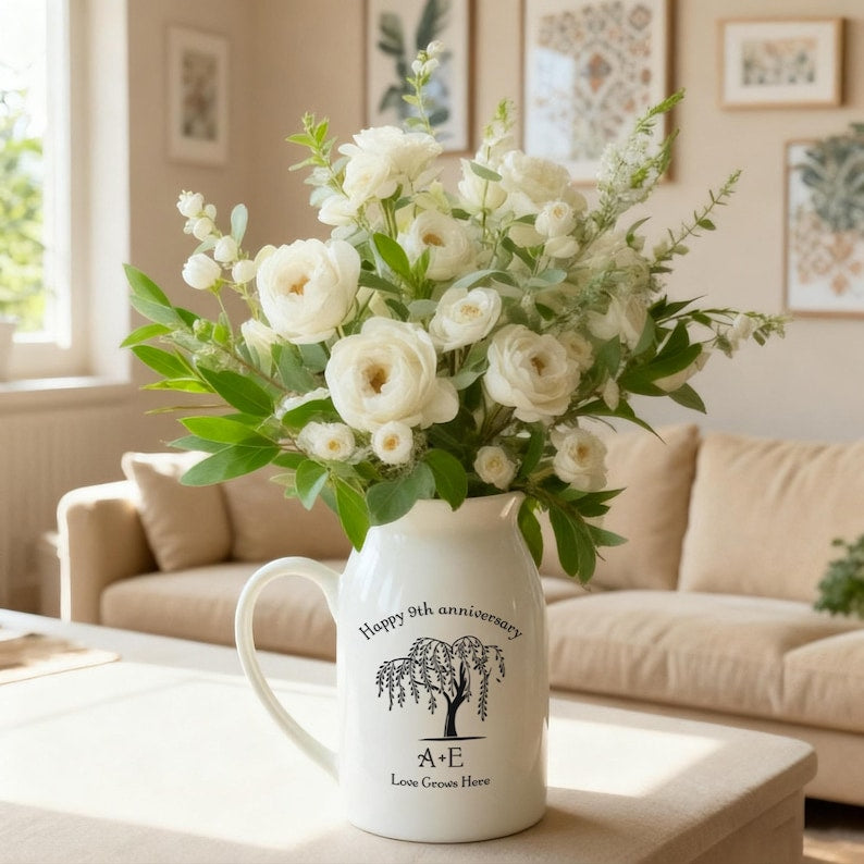 Personalized Ceramic Flower Vase, 9th Anniversary Willow Tree Ceramic Flower Vase, Custom Anniversary Gift for Wife,Valentine's Day Gift