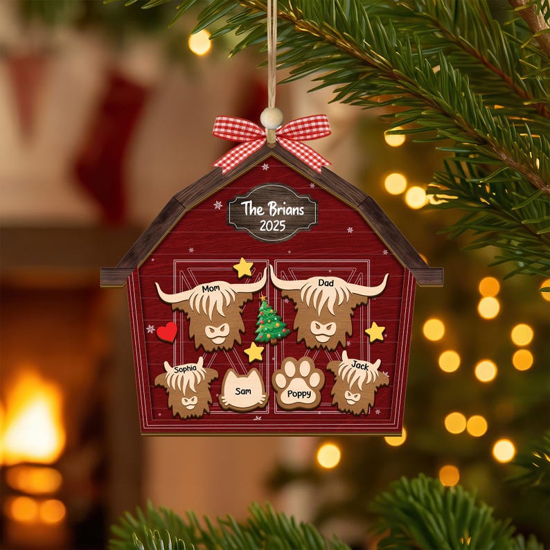 Highland Cow Family Christmas Tree Ornaments, Personalized Highland Cow Barn House Ornament 2025, Holiday Keepsake, Gift For Farmer