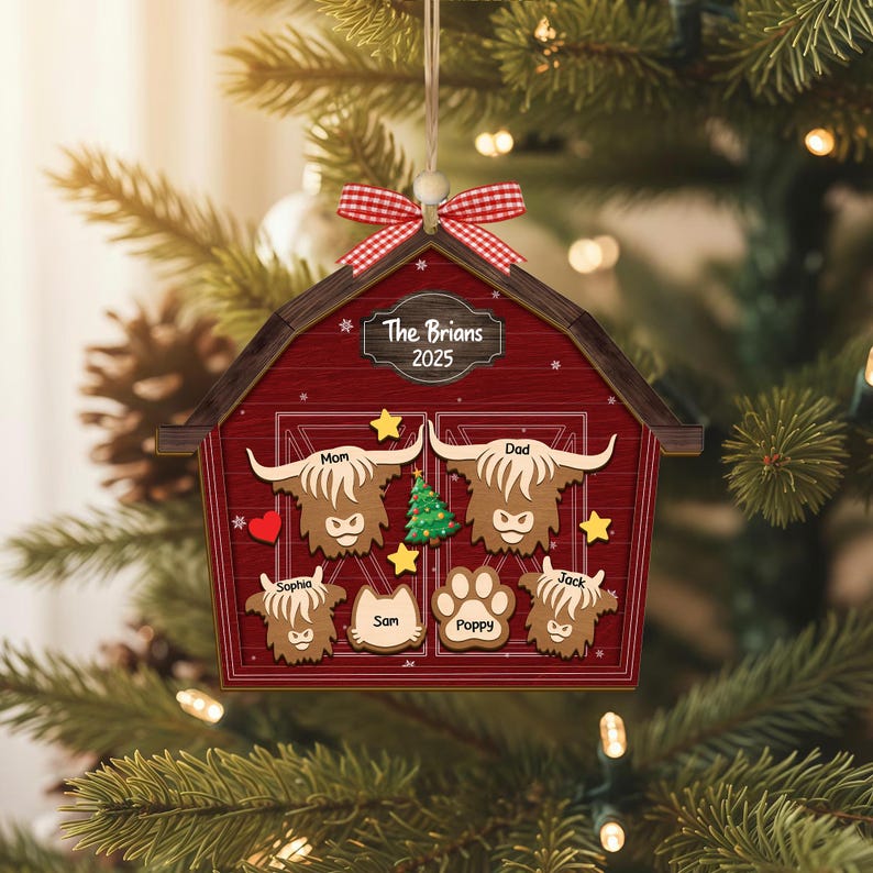Highland Cow Family Christmas Tree Ornaments, Personalized Highland Cow Barn House Ornament 2025, Holiday Keepsake, Gift For Farmer