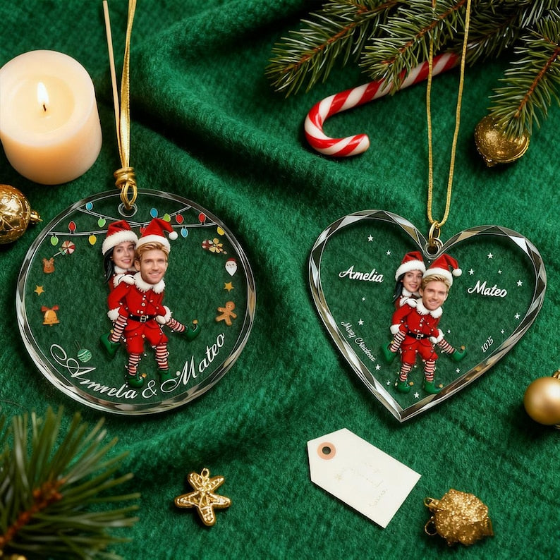 Personalized Christmas Ornament with Couple Photo, Custom Glass Heart or Round Ornament, Cute Elf Design, Holiday Gift for Couples