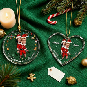 Personalized Christmas Ornament with Couple Photo, Custom Glass Heart or Round Ornament, Cute Elf Design, Holiday Gift for Couples