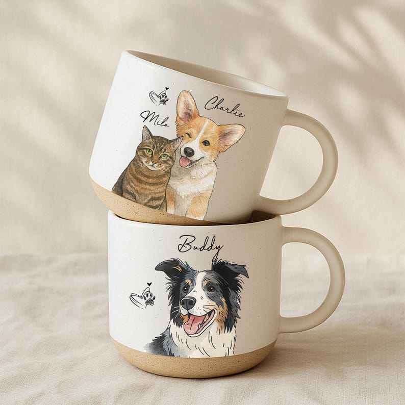 Personalized Watercolor Photo Pet Pottery Mug, Pet Portrait Coffee Cup Gift For Cat Dog Lovers, Custom Dog Remembrance Gifts, Cat Mugs
