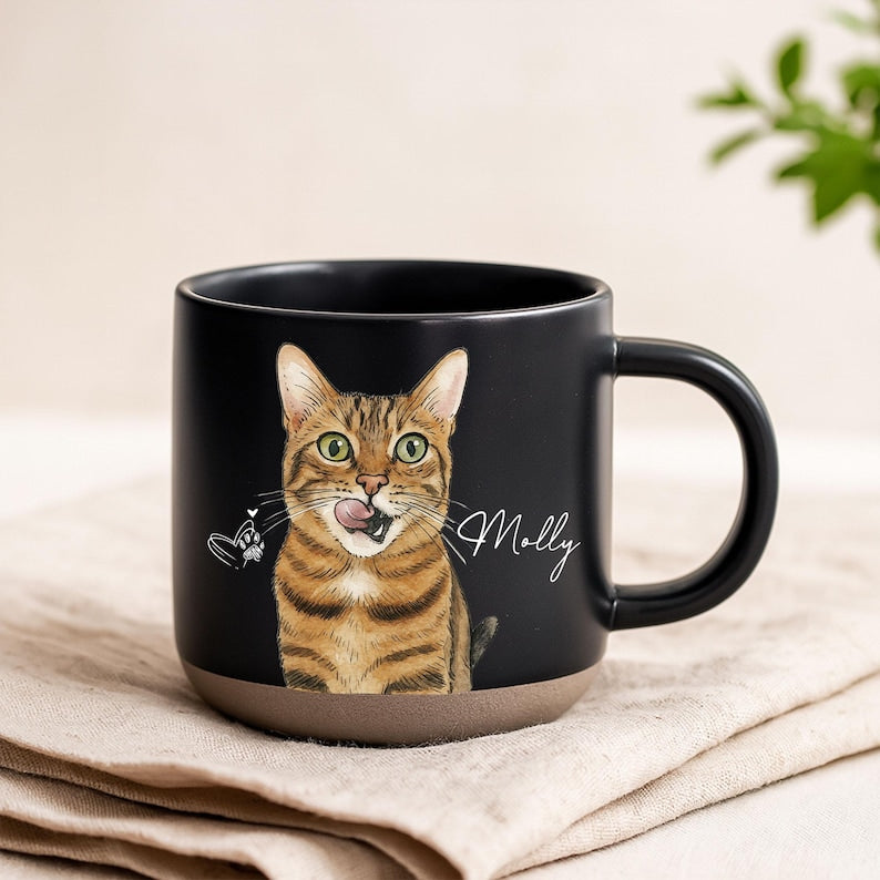 Personalized Watercolor Photo Pet Pottery Mug, Pet Portrait Coffee Cup Gift For Cat Dog Lovers, Custom Dog Remembrance Gifts, Cat Mugs