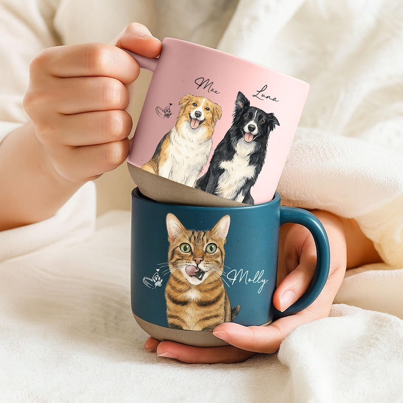 Personalized Watercolor Photo Pet Pottery Mug, Pet Portrait Coffee Cup Gift For Cat Dog Lovers, Custom Dog Remembrance Gifts, Cat Mugs