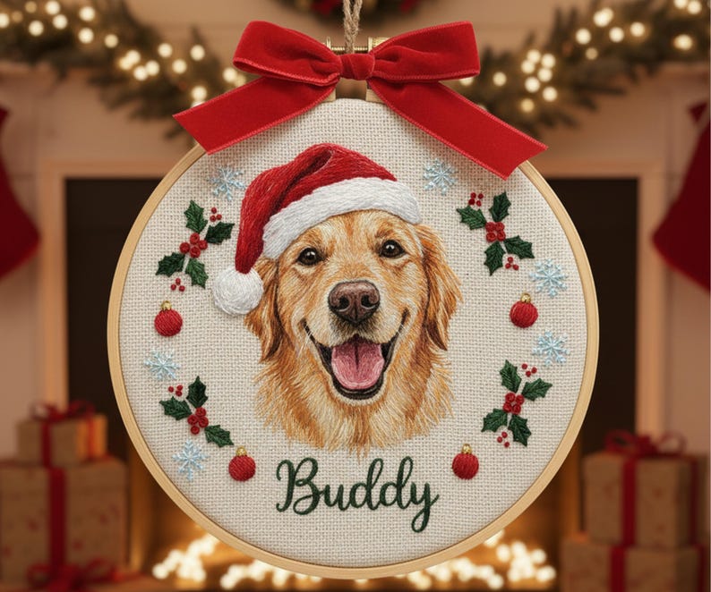 Custom Embroidered Pet Portrait Ornament Personalized Pet Christmas Ornament, Dog & Cat Memorial Gift, Custom Pet Keepsake Decoration