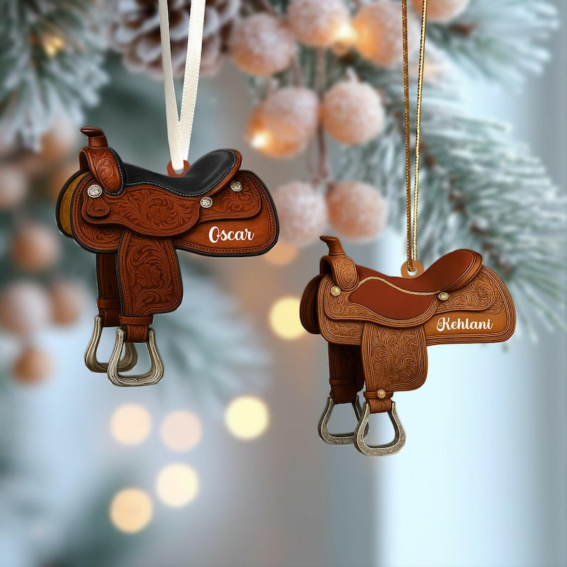 Personalized Horse Saddle Ornament, Rustic Western Christmas Decor, Cowboy Saddle Gift, Custom Name Tree Ornament