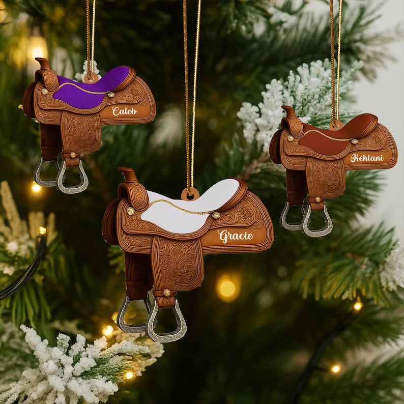 Personalized Horse Saddle Ornament, Rustic Western Christmas Decor, Cowboy Saddle Gift, Custom Name Tree Ornament