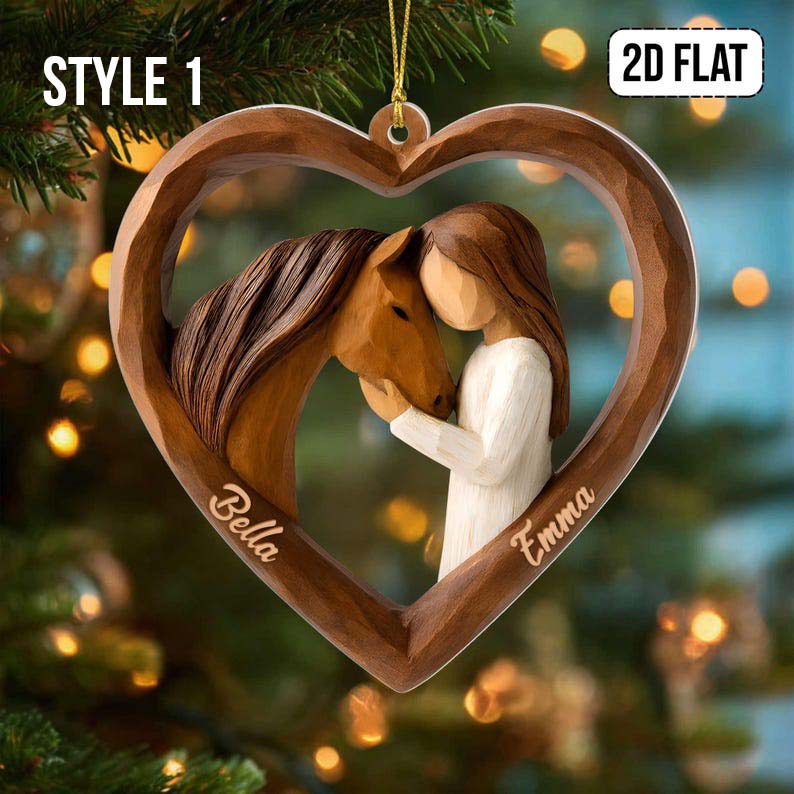 Personalized 2D Flat Faux Wood - Carving Horse Lover Acrylic Ornament Custom Girl and Horse Heart Ornament, Keepsake Gift for Equestrians