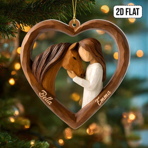 Personalized 2D Flat Faux Wood - Carving Horse Lover Acrylic Ornament Custom Girl and Horse Heart Ornament, Keepsake Gift for Equestrians