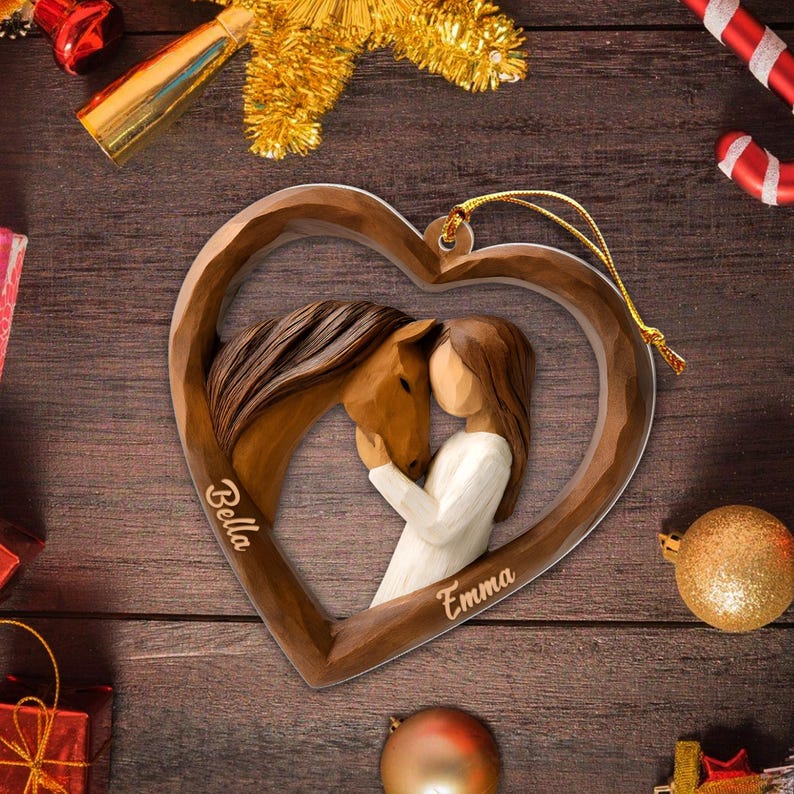 Personalized 2D Flat Faux Wood - Carving Horse Lover Acrylic Ornament Custom Girl and Horse Heart Ornament, Keepsake Gift for Equestrians