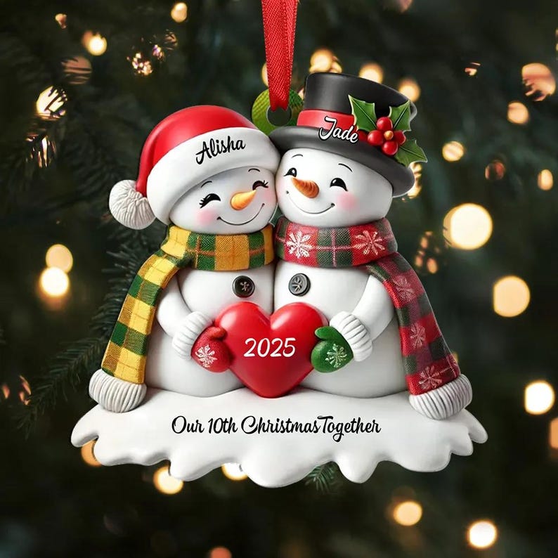 Personalized Heart Snowman Couple Christmas Tree Ornament 2D Ornament Our 10th Christmas Together, Memorial Gift For Couple Christmas Gift For Her/Him