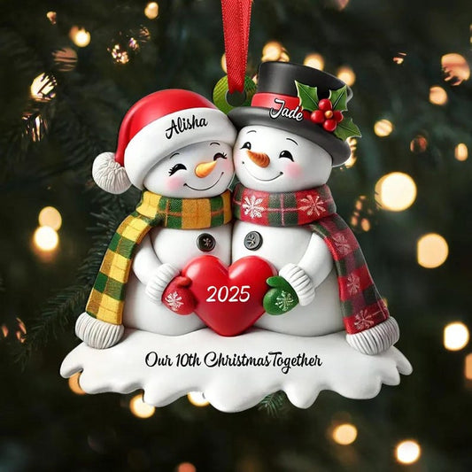 Personalized Heart Snowman Couple Christmas Tree Ornament 2D Ornament Our 10th Christmas Together, Memorial Gift For Couple Christmas Gift For Her/Him
