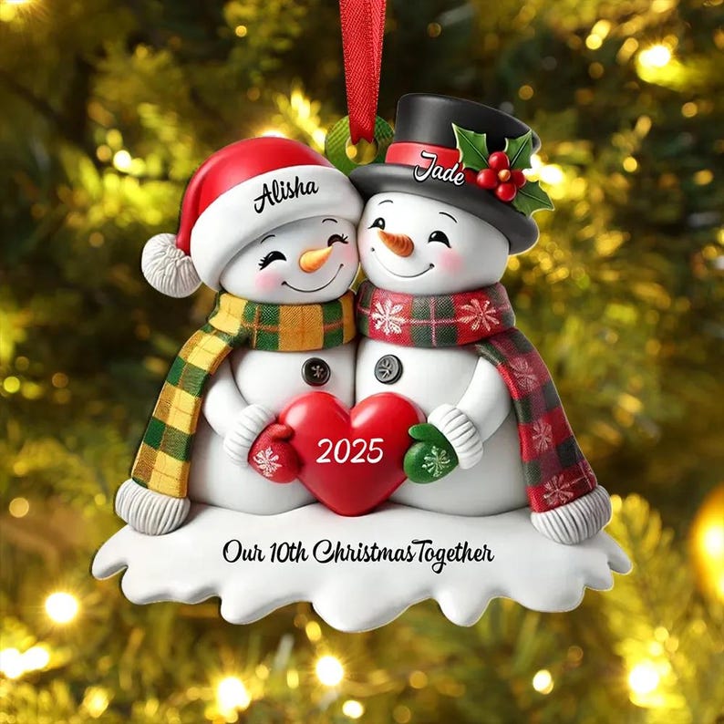 Personalized Heart Snowman Couple Christmas Tree Ornament 2D Ornament Our 10th Christmas Together, Memorial Gift For Couple Christmas Gift For Her/Him