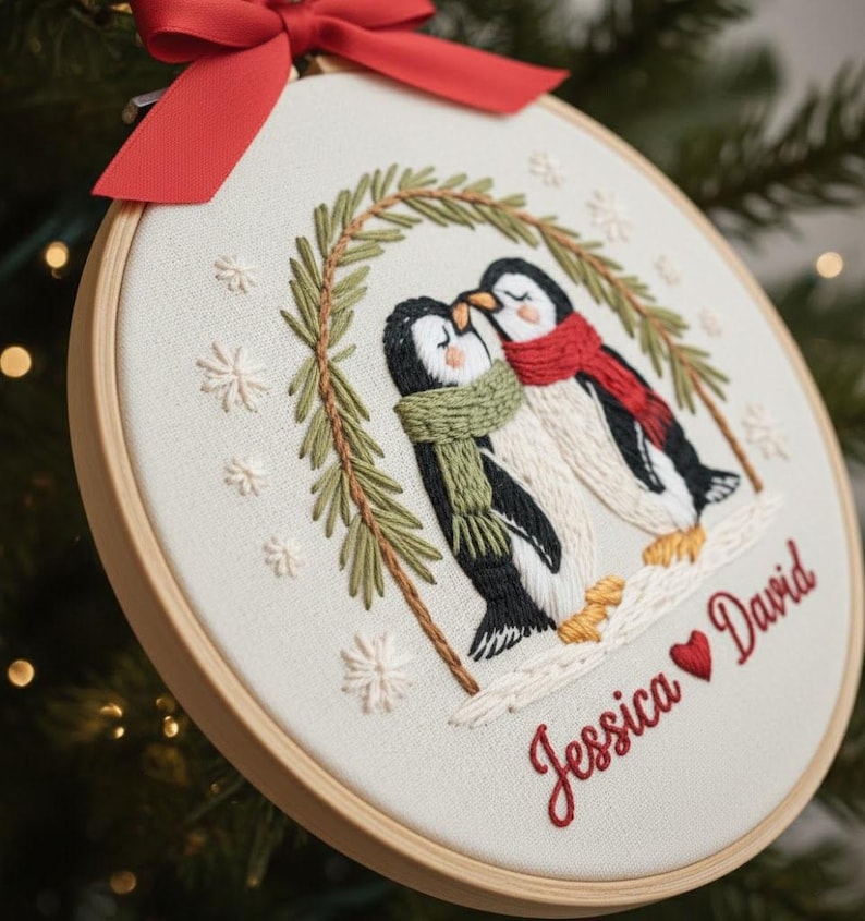 Personalized Couple Gift Our First Christmas Together Embroidered Ornament Custom Couple Names & Year Embroidered Penguin Holiday Keepsake
