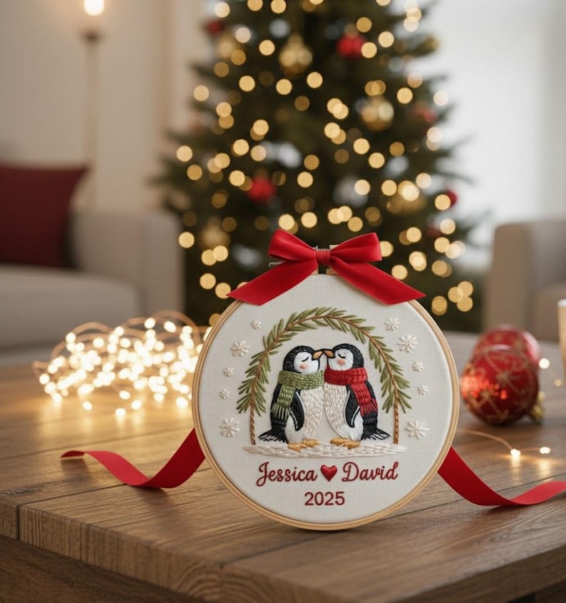 Personalized Couple Gift Our First Christmas Together Embroidered Ornament Custom Couple Names & Year Embroidered Penguin Holiday Keepsake