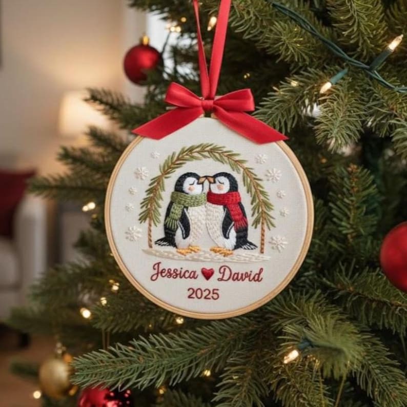 Personalized Couple Gift Our First Christmas Together Embroidered Ornament Custom Couple Names & Year Embroidered Penguin Holiday Keepsake