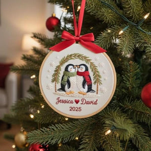 Personalized Couple Gift Our First Christmas Together Embroidered Ornament Custom Couple Names & Year Embroidered Penguin Holiday Keepsake