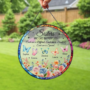Personalized Sisters Like Butterflies Stained Glass Suncatcher,Floral Sister Window Hanging Decor,Sibling Christmas Keepsake,Sisterhood Gift