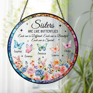Personalized Sisters Like Butterflies Stained Glass Suncatcher,Floral Sister Window Hanging Decor,Sibling Christmas Keepsake,Sisterhood Gift