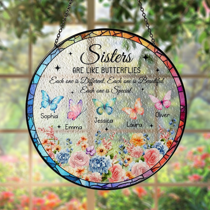 Personalized Sisters Like Butterflies Stained Glass Suncatcher,Floral Sister Window Hanging Decor,Sibling Christmas Keepsake,Sisterhood Gift