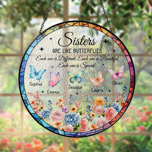 Personalized Sisters Like Butterflies Stained Glass Suncatcher,Floral Sister Window Hanging Decor,Sibling Christmas Keepsake,Sisterhood Gift