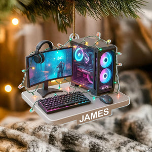 Personalized Gamer PC 2D Flat Acrylic Ornament, Custom Gaming Computer Christmas Decoration with Name, RGB Lights Desk Setup Gift for Gamers
