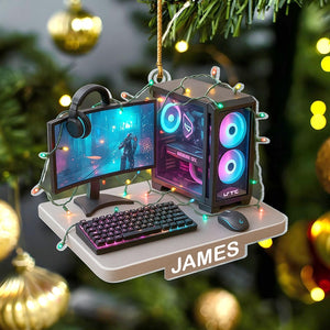 Personalized Gamer PC 2D Flat Acrylic Ornament, Custom Gaming Computer Christmas Decoration with Name, RGB Lights Desk Setup Gift for Gamers