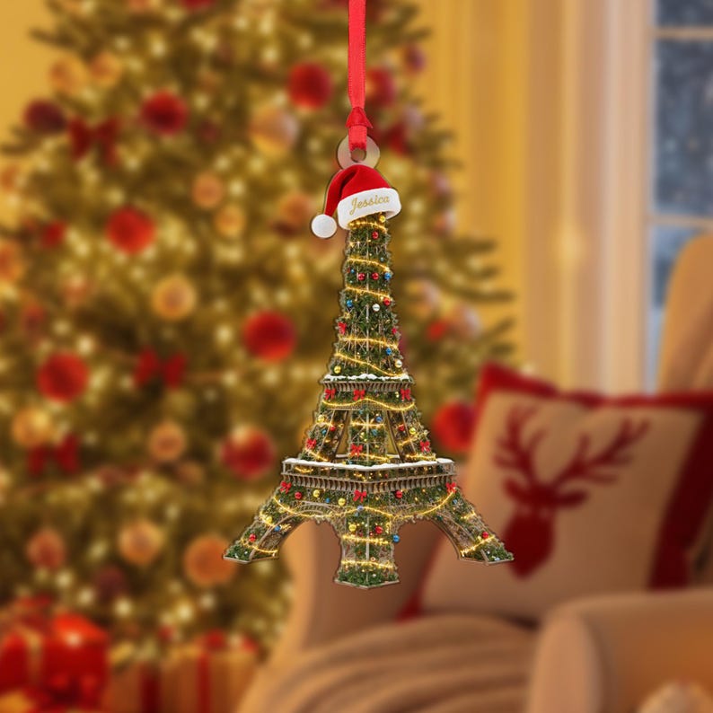 Personalized Eiffel Tower Ornament Paris Landmark Custom Name Christmas Lights