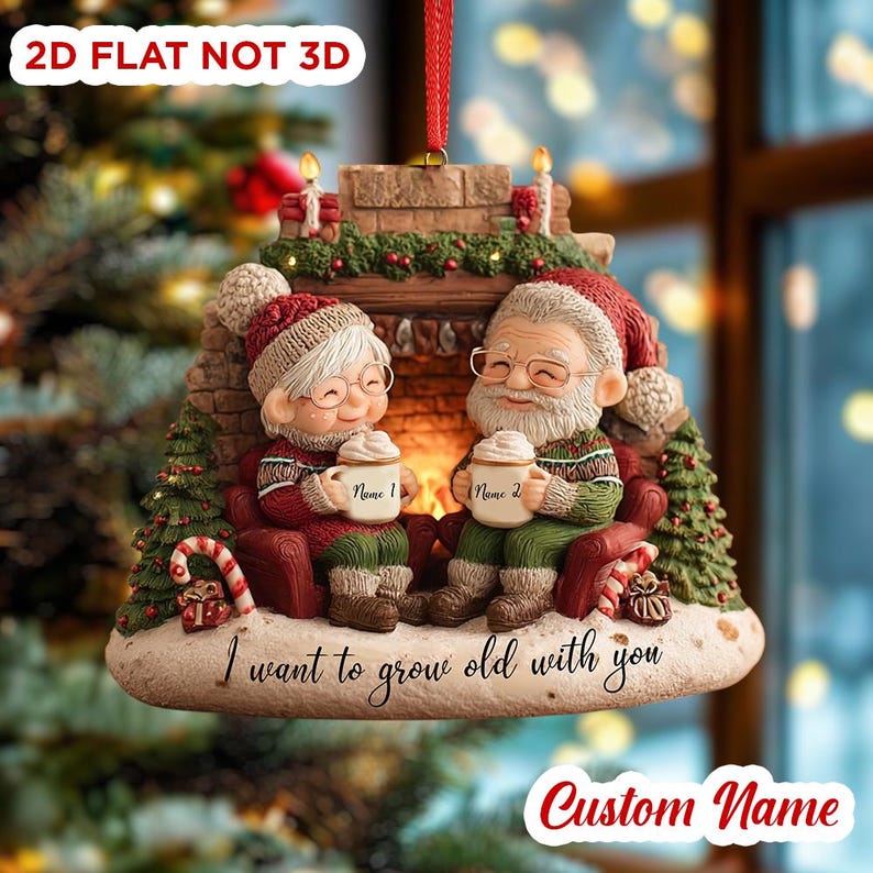 Personalized Flat Fireplace Ornament, Cute Elderly Couple Names, 2D Grow Old Together Christmas Gift For Husband Wife