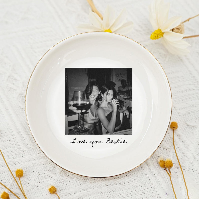 Personalized Bestie Photo Jewelry Dish: Ceramic Trinket Tray for Best Friend, Birthday Bestie Gifts