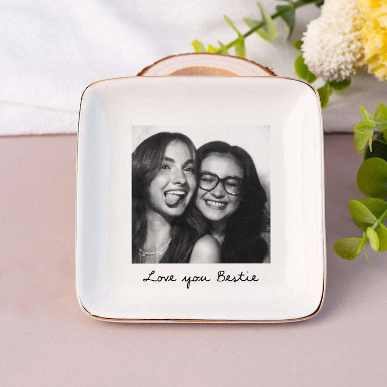 Personalized Bestie Photo Jewelry Dish: Ceramic Trinket Tray for Best Friend, Birthday Bestie Gifts