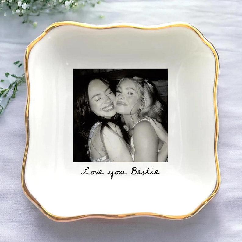 Personalized Bestie Photo Jewelry Dish: Ceramic Trinket Tray for Best Friend, Birthday Bestie Gifts