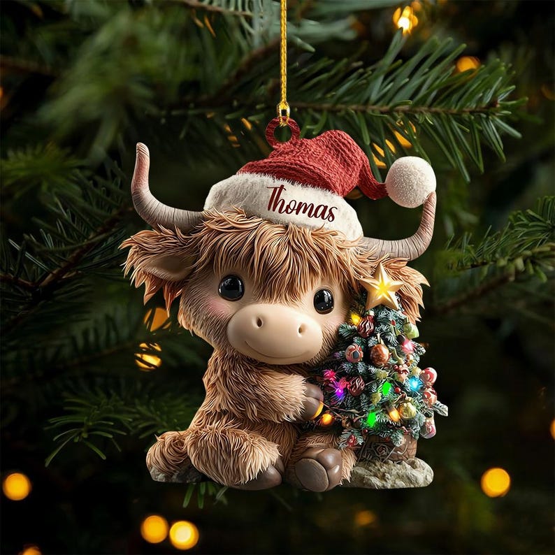 Personalized Highland Cow Christmas Ornament, Highland Cow Ornament Hanging, Funny Cattle Ornament, Highland Cow Lovers Gift