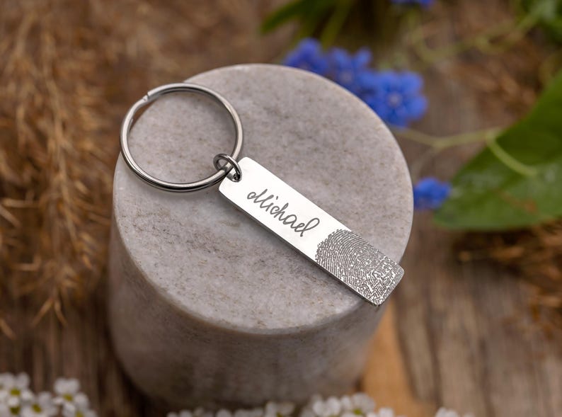Fingerprint and Handwriting Memorial Keychain, Engraved Custom Signature Keyring with Thumbprint, Personalized Inscription Grief Gift
