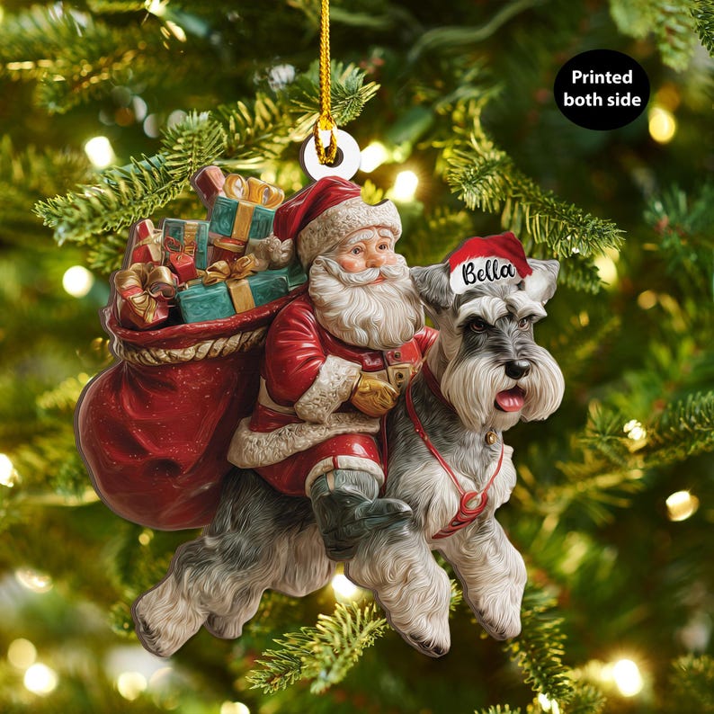 Personalized Schnauzer Dog and Santa Christmas Wood Ornament, Flat 2D Holiday Tree Decor Gift for Dog Lovers, Families Pet Keepsakef