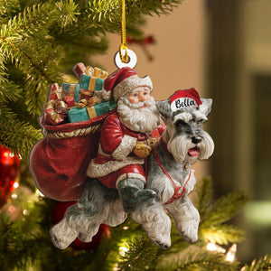 Personalized Schnauzer Dog and Santa Christmas Wood Ornament, Flat 2D Holiday Tree Decor Gift for Dog Lovers, Families Pet Keepsakef
