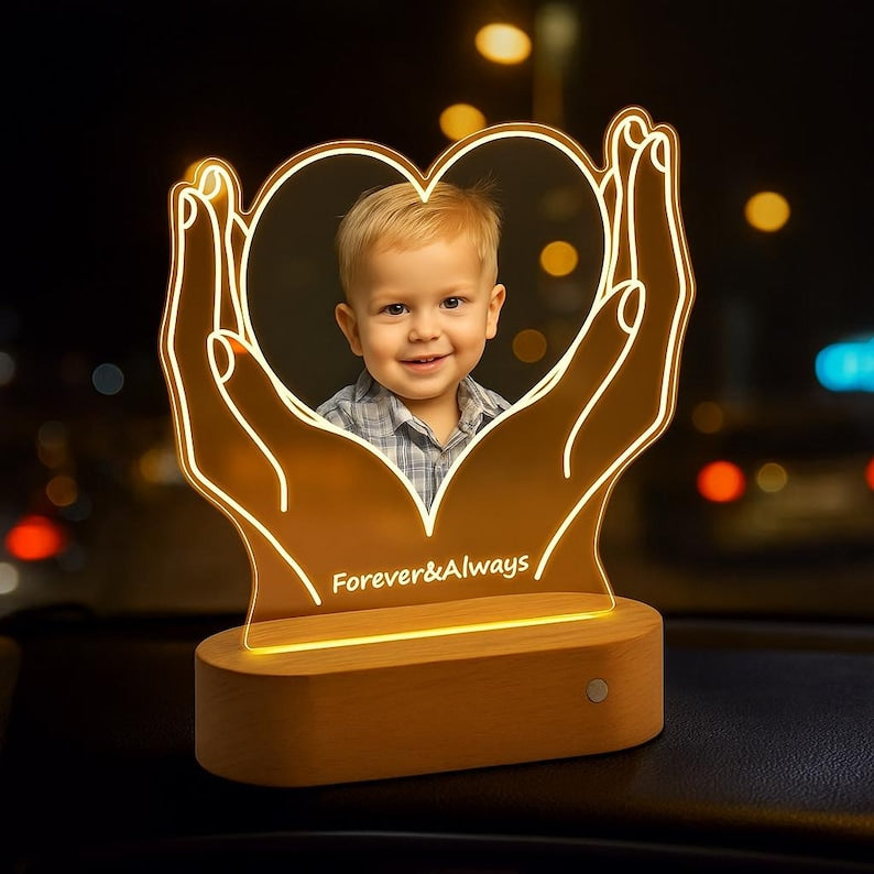 Personalized Heart Photo LED Lamp: Custom Acrylic Night Light, Wooden Base