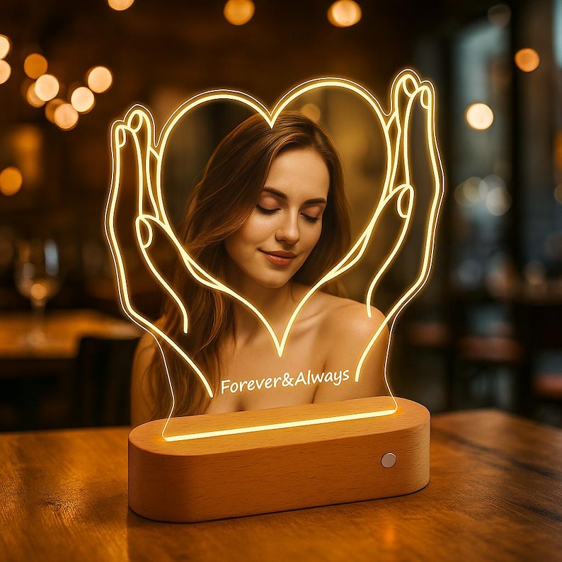 Personalized Heart Photo LED Lamp: Custom Acrylic Night Light, Wooden Base