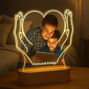 Personalized Heart Photo LED Lamp: Custom Acrylic Night Light, Wooden Base
