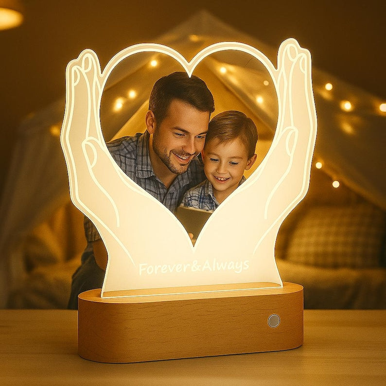 Personalized Heart Photo LED Lamp: Custom Acrylic Night Light, Wooden Base