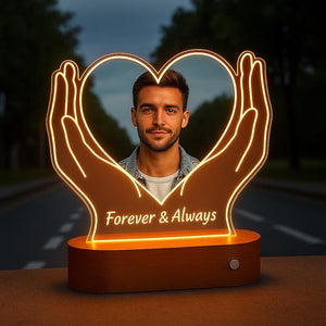 Personalized Heart Photo LED Lamp: Custom Acrylic Night Light, Wooden Base