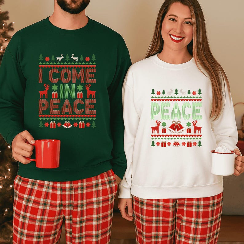 Matching Couples Ugly Christmas Sweater, Funny I Come In Peace Sweatshirts, Cute Married Couple Xmas Outfit, Matching Christmas PJs Gift