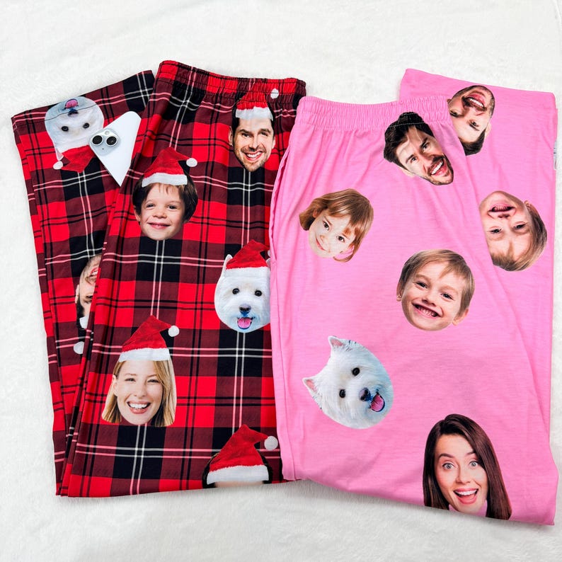 Custom Pajamas Pants Family: Customized Pajama with Face and Dog, Personalized PJs, Christmas Trousers