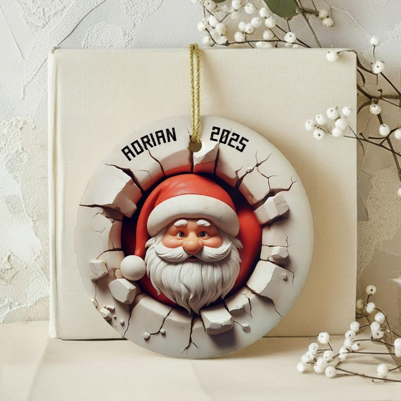 Dual-Sided 3D Effect Santa Claus Ornament, Funny Christmas Decor, Unique Holiday Decoration, Santa in Wall, Humorous Xmas Ornament Gift Idea