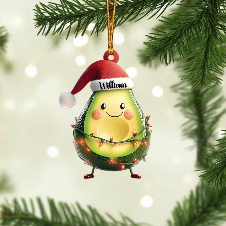Personalized Avocado 2D Flat Ornament, Cute Santa Hat Acrylic Decor, Funny Christmas Gift for Kids or Friends