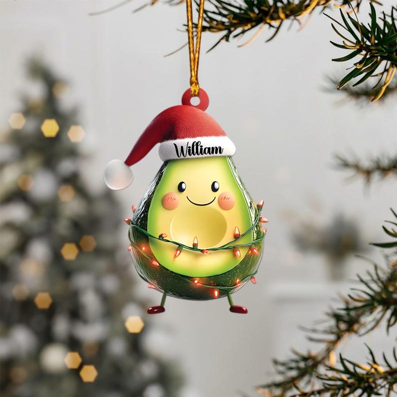 Personalized Avocado 2D Flat Ornament, Cute Santa Hat Acrylic Decor, Funny Christmas Gift for Kids or Friends