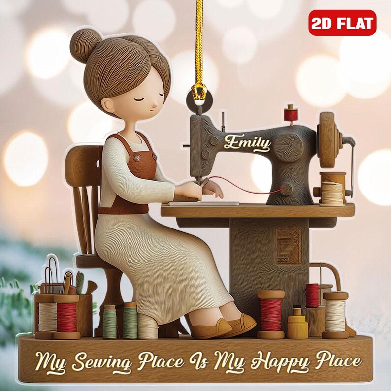 Personalized 2d Flat Name Sewing Girl Christmas Ornament, My Sewing Space Is My Happy Place Xmas Decor, Sewing Machine Ornament, Sewing Gift