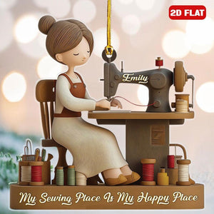 Personalized 2d Flat Name Sewing Girl Christmas Ornament, My Sewing Space Is My Happy Place Xmas Decor, Sewing Machine Ornament, Sewing Gift